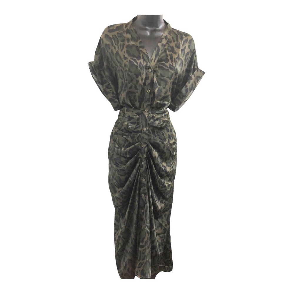 Steve Madden TORI Tony camo green satin look belted button front shirtdress szL - Picture 12 of 17